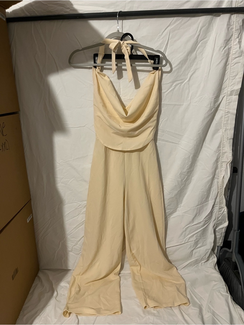 SHEIN Cream Halter Tie-Back Wide-Leg Jumpsuit
